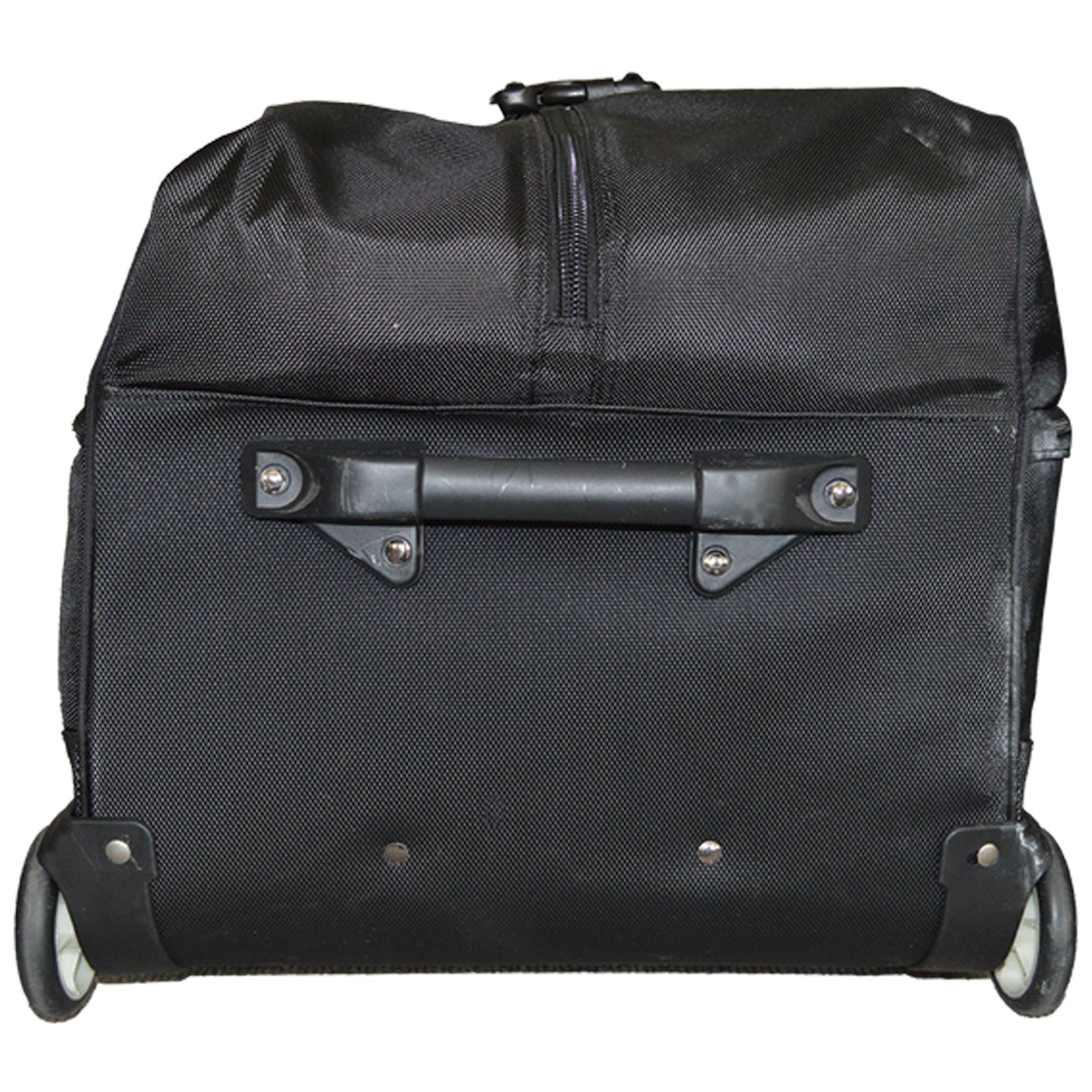 A black wheeled bag with a top zipper and a sturdy handle is positioned upright against a neutral background suggesting travel or transport readiness.