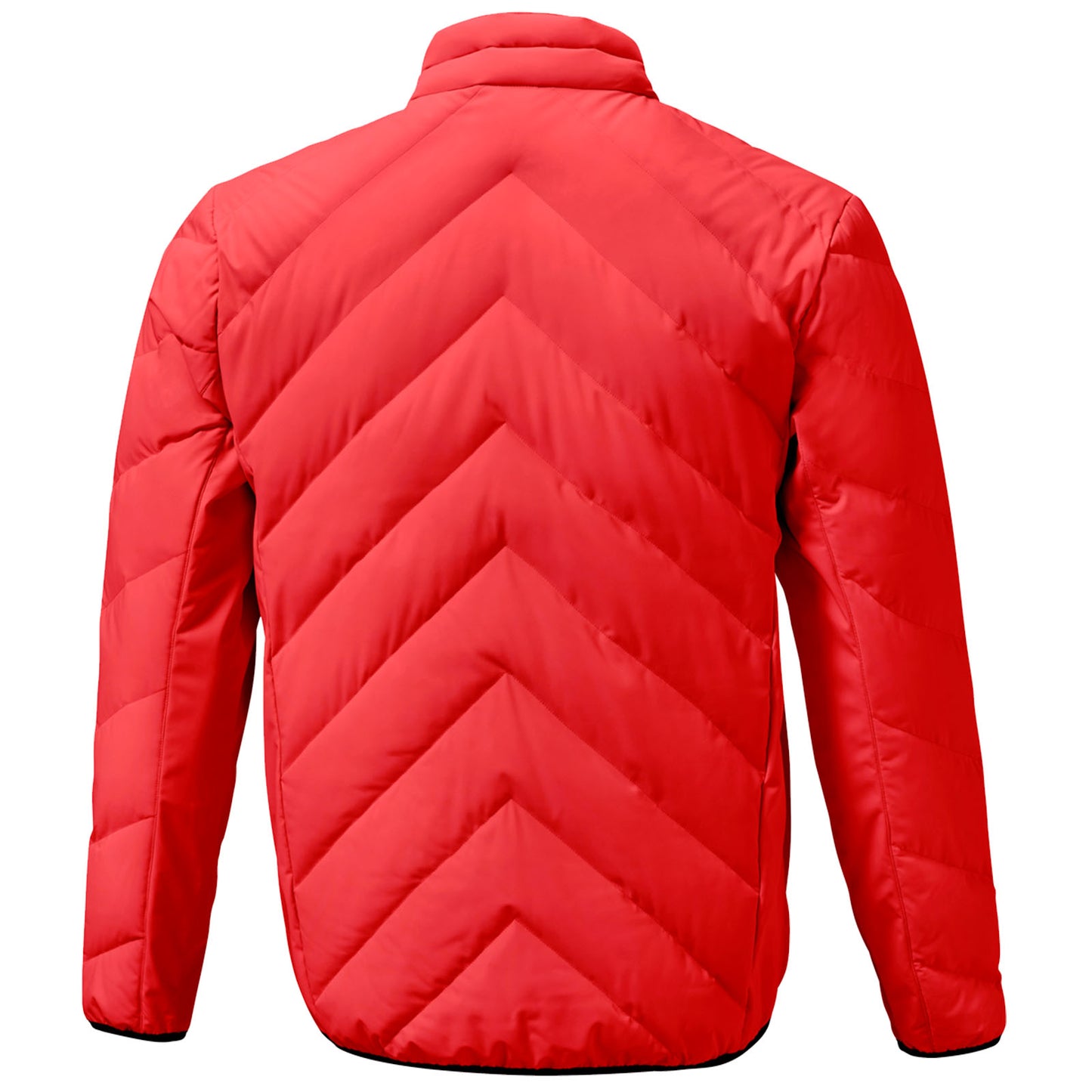 A red puffy jacket with a chevron pattern is displayed facing away from the viewer showcasing its design features in a neutral setting. The collar is raised and the sleeves are long.