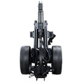 A compact wheeled cart stands upright with a vertical frame and attached brackets visible at the top designed for transporting equipment in various settings.