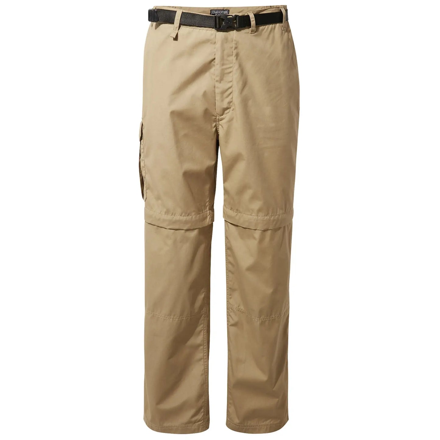 Tan cargo pants are displayed standing upright with a belt attached showcasing zip-off lower sections for versatility in warmer conditions designed for outdoor activities or casual wear.