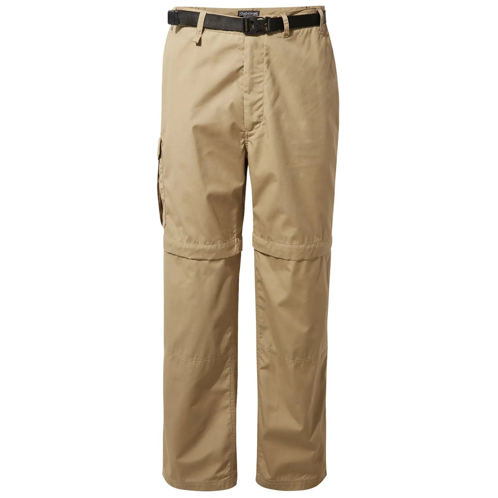 Tan cargo pants are displayed standing upright with a belt attached showcasing zip-off lower sections for versatility in warmer conditions designed for outdoor activities or casual wear.