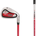 A golf club with a silver and red head is positioned upright showcasing its angled blade and red shaft labeled MC-J 530 Power-Assisted in a neutral background.
