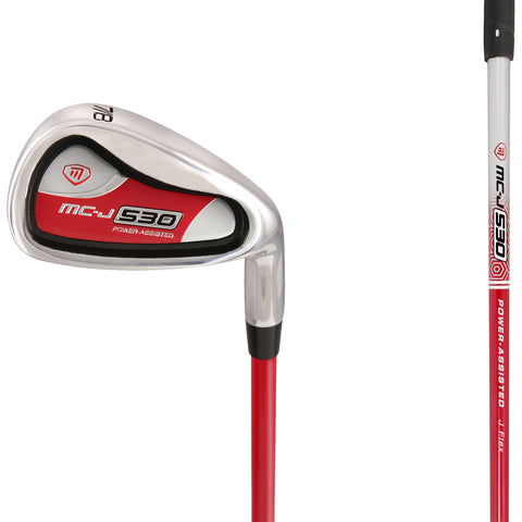 A golf club with a silver and red head is positioned upright showcasing its angled blade and red shaft labeled MC-J 530 Power-Assisted in a neutral background.