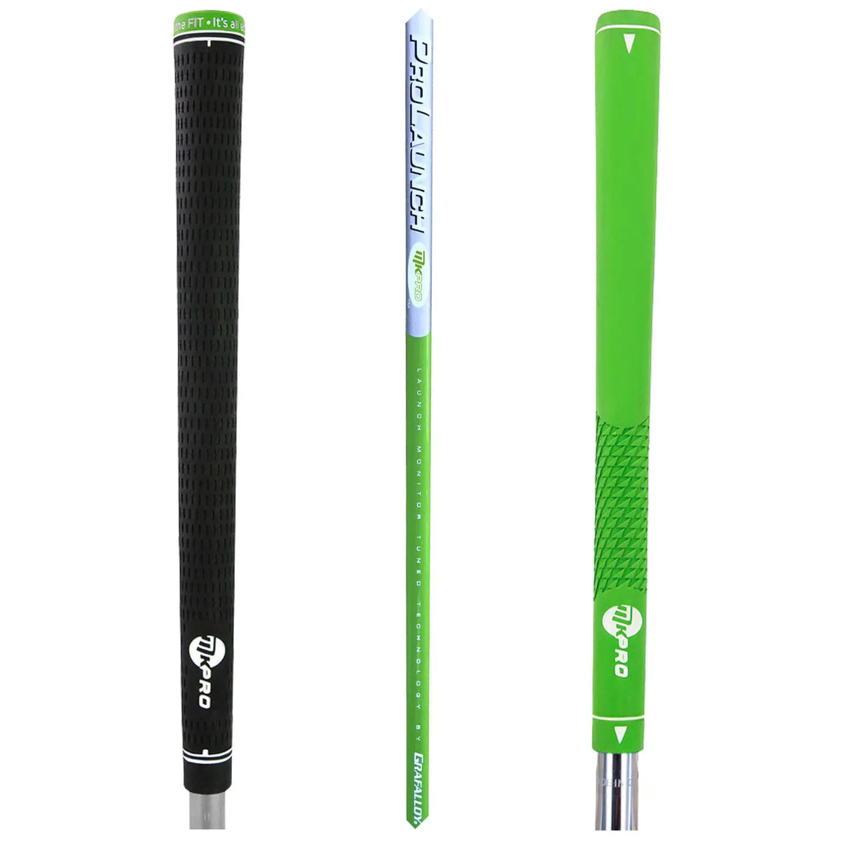 Three golf club grips are displayed vertically. The first is black with textured patterns. The second is a green and blue grip labeled Pro Launch. The third is a solid green grip with a textured surface.