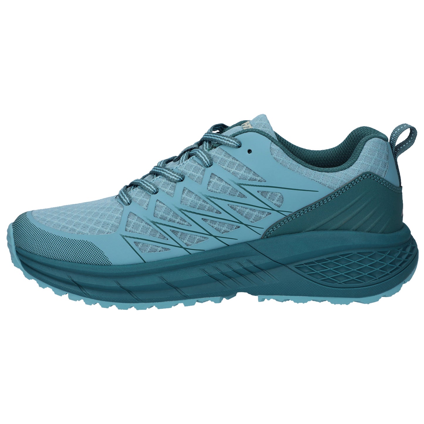 A teal running shoe sits upright showcasing a textured design with a mesh upper and rubber sole emphasizing durability and comfort suitable for athletic activities in an outdoor environment.
