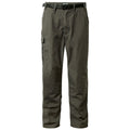 Cargo pants in a dark olive color are displayed standing upright with a built-in belt and side pockets designed for utility in casual outdoor settings.