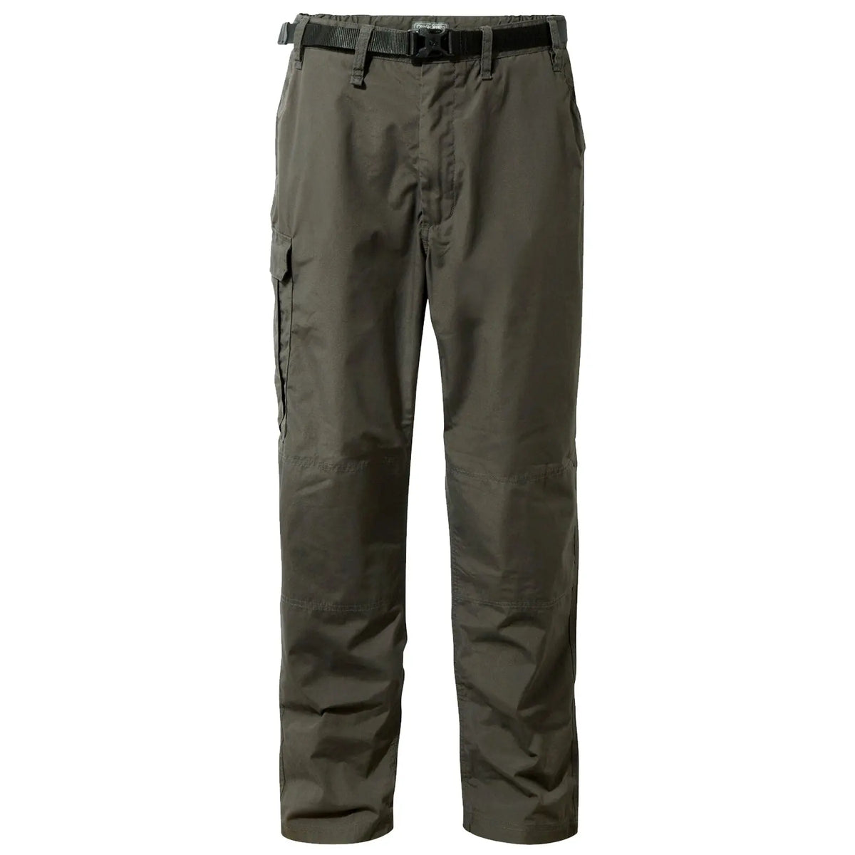 Cargo pants in a dark olive color are displayed standing upright with a built-in belt and side pockets designed for utility in casual outdoor settings.