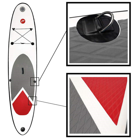A paddleboard with a white surface features a textured gray area and a red element shaped like a triangle. Close-up details show a circular black attachment and fastening points.