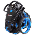 A folded stroller features black and blue components with large blue wheels and a compact design showcasing a handle and seat area ideal for storage or transportation.