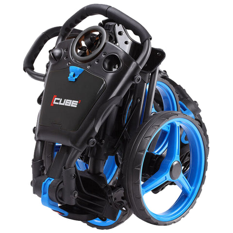 A folded stroller features black and blue components with large blue wheels and a compact design showcasing a handle and seat area ideal for storage or transportation.