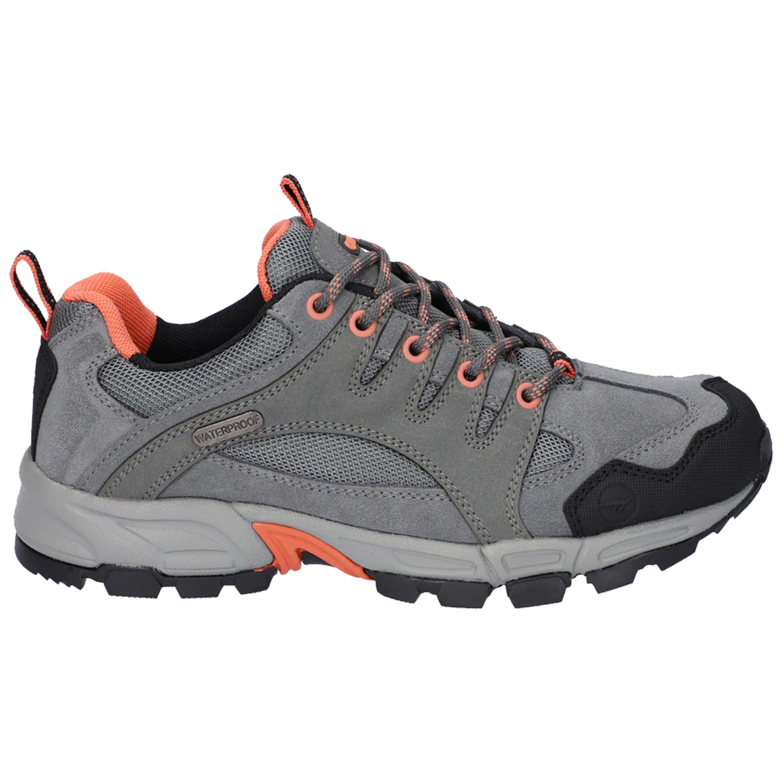 Gray waterproof hiking shoe with orange accents is positioned on a plain background showcasing its design features such as textured panels and a rugged sole suitable for outdoor activities.