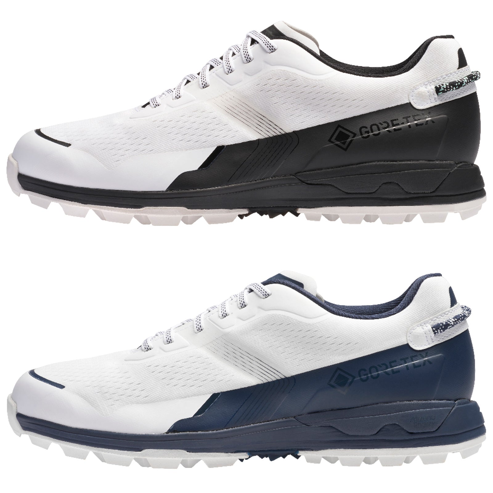 Two athletic shoes are displayed side by side featuring a white upper design with black and navy accents each having a textured surface and a rugged sole suitable for outdoor activity.