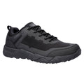 A black waterproof shoe designed for outdoor activities features a textured sole and a layered upper for durability and support positioned on a plain background.