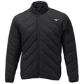 A black puffy jacket featuring a quilted design and a high collar hangs upright against a neutral background its construction suggests warmth and protection from cold weather conditions.
