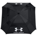 A large black umbrella with the Under Armour logo is positioned upside down displaying its canopy structure the umbrella appears ready for use in rainy or sunny weather conditions.