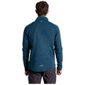 A person wearing a blue fleece pullover stands with their back facing the viewer in a neutral setting likely intended for outdoor activities. The individual has short brown hair.