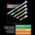 Five golf tees in various lengths are displayed vertically against a black background. The tees are labeled with colors and sizes, indicating their suitability for different types of golf clubs. Text provides instructions on selecting tee length based on club type.