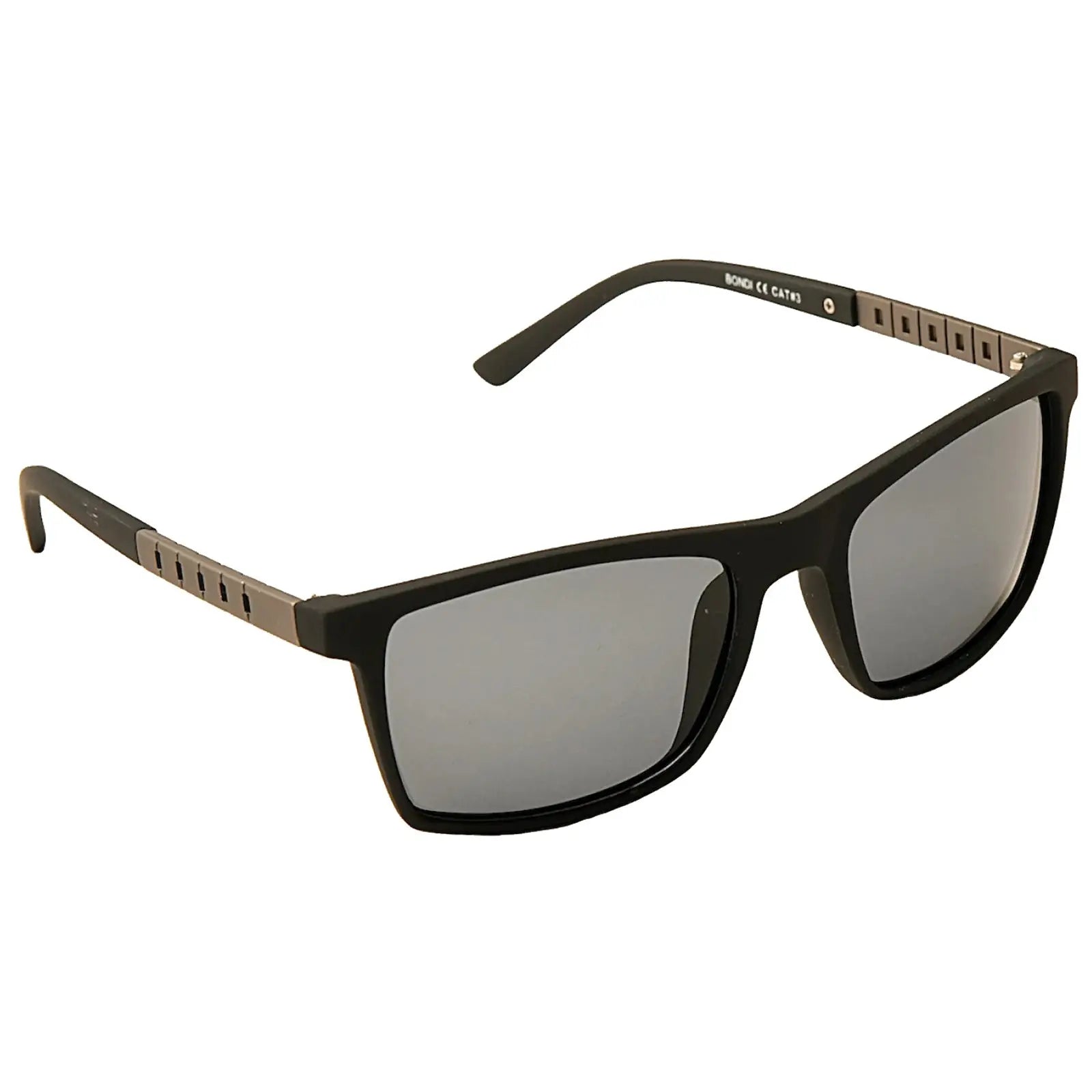 Black sunglasses with gray lenses are positioned upright against a plain background showcasing their angular design and sleek metal accents on the arms.