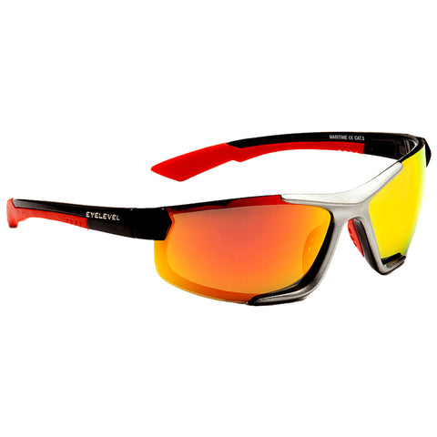 Sunglasses with a sleek design feature reflective yellow-orange lenses and black-red frames sitting against a white background showcasing sporty aesthetics suitable for outdoor activities.
