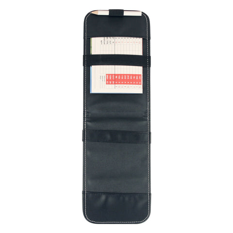 A black scorecard holder displays a clipboard with two scorecards secured by straps while a pencil rests on top in a neutral setting designed for recording scores in sports.