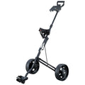 A golf push cart stands upright with two large wheels and a handle. It has a platform for holding a golf bag and a foot brake for stability on the course.
