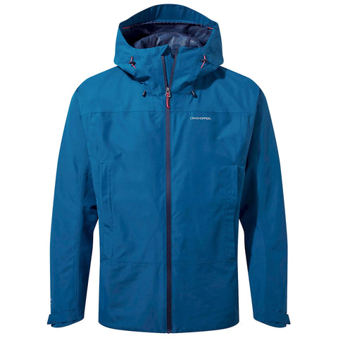 A blue waterproof jacket hangs with a zippered front and an adjustable hood highlighting its design suitable for outdoor activities in wet weather. The background is plain and neutral.