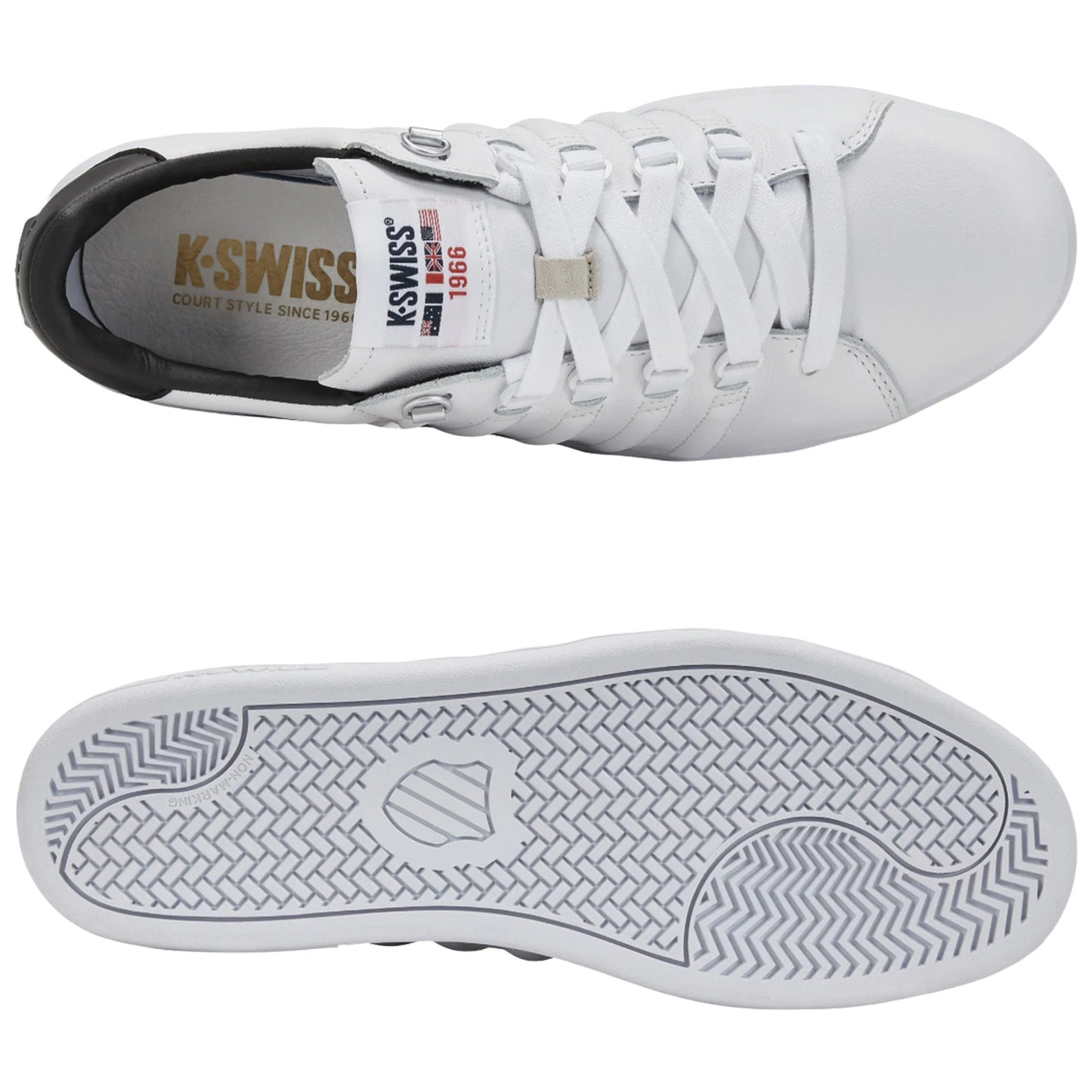 A white sneaker with a black heel displays laces and a textured sole, resting flat against a background. Text on the shoe reads K-SWISS COURT STYLE SINCE 1966 and additional brand details.