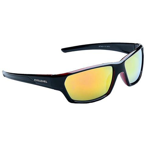 Sunglasses feature a black frame with red accents and reflective lenses displaying a gradient of yellow and orange colors resting on a white background.