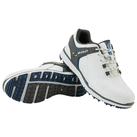 Two athletic shoes are displayed with a white and gray design featuring blue accents the shoes are positioned side by side with visible laces and a textured sole suitable for various terrains