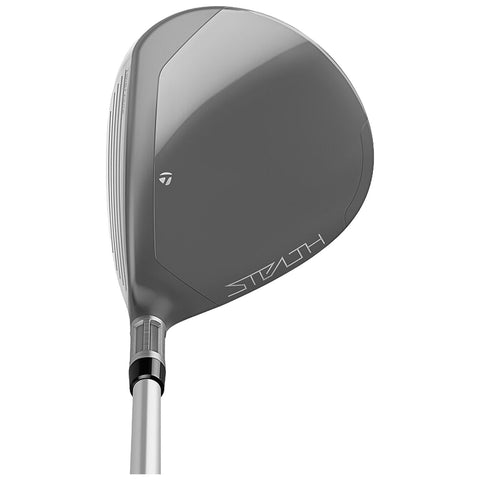 A gray golf driver with a shiny face and intricate grooves is positioned vertically against a plain background showcasing a sleek and modern design intended for use in golfing.