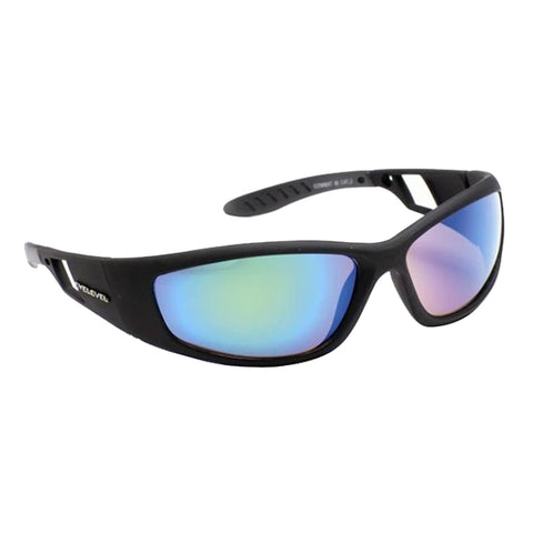 Black sunglasses with curved frames reflect a gradient of colors in the lenses showcasing blue green and pink hues positioned against a plain white background.