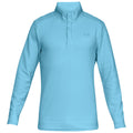 A light blue long-sleeve quarter-zip pullover is displayed facing forward with a textured surface and a stand-up collar designed for athletic or casual wear in a neutral backdrop.