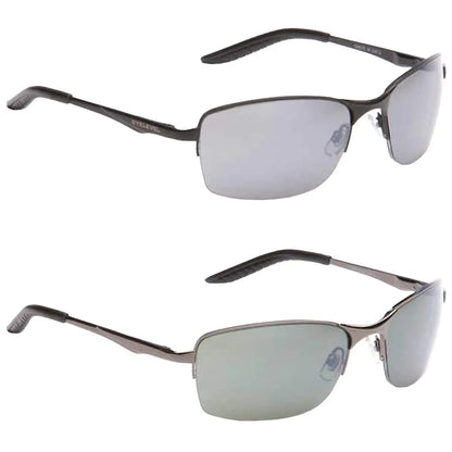 Sunglasses are displayed in two layers featuring a black and silver frame with mirrored lenses and curved ear pieces positioned to emphasize their sleek, modern design against a neutral background.