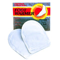 Foot warmers are white heating pads displayed in front of a colorful packaging that includes directions for use ingredients and cautions indicating their purpose is to provide warmth for cold feet.