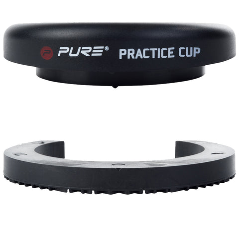 A black practice cup consists of two parts positioned above each other the top part is circular and labeled PURE PRACTICE CUP while the bottom part is a semi-circular base