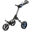 A golf push cart with a sleek metal frame and three wheels stands upright showcasing a compact design equipped with a handle and storage area for golf gear on a flat surface.