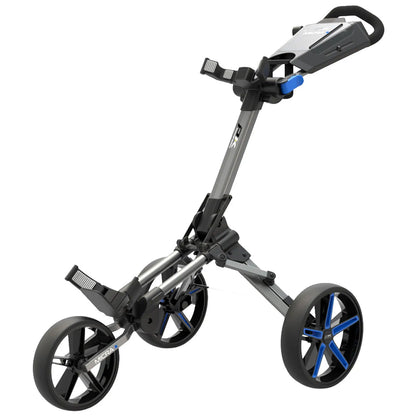 A golf push cart with a sleek metal frame and three wheels stands upright showcasing a compact design equipped with a handle and storage area for golf gear on a flat surface.