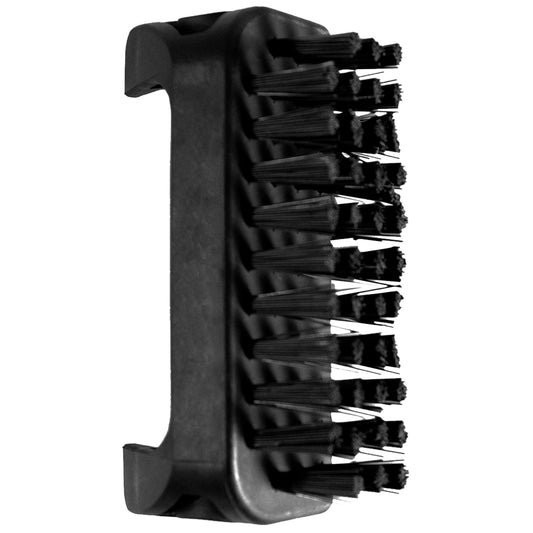 A black cleaning brush features numerous short bristles aligned in rows on one side and a thicker base for gripping resting against a white background.