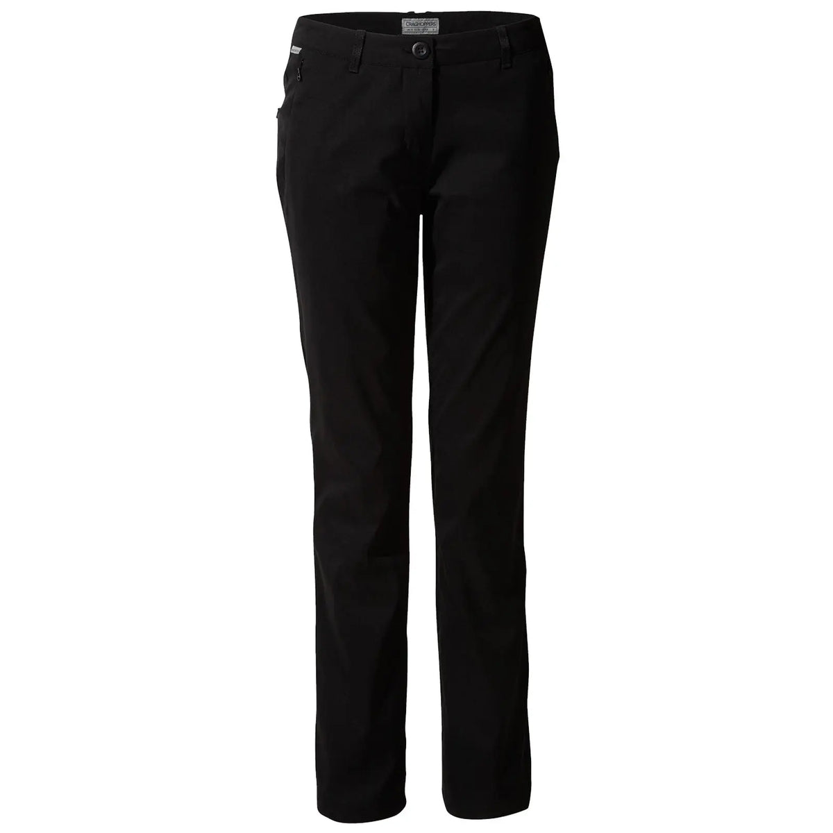 Black pants are displayed standing upright their design features pockets a button closure and a straight-leg fit suitable for casual or semi-formal wear in various environments.