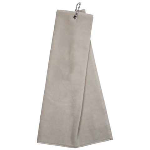 A light-colored towel is hanging from a metal clip showcasing a smooth and soft texture it is positioned upright against a neutral background suggesting utility and readiness for use.