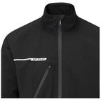 A black sports jacket features a high collar and zippered closure with a white stripe and logo on the chest area set against a plain background.
