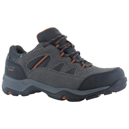 Hi-Tec Mens Bandera II Waterproof Walking Shoes A dark gray hiking shoe features a sturdy design with mesh and suede materials laced with orange accents suitable for outdoor activities in rough terrains.