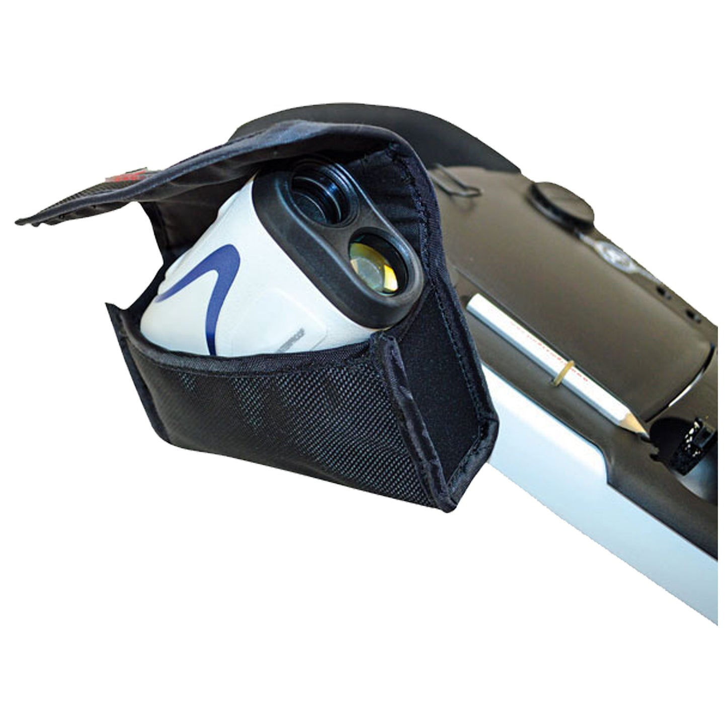 A white and blue device is partially stored in a black fabric pouch attached to a flat, hard surface indicating it is secured for use in a practical environment.