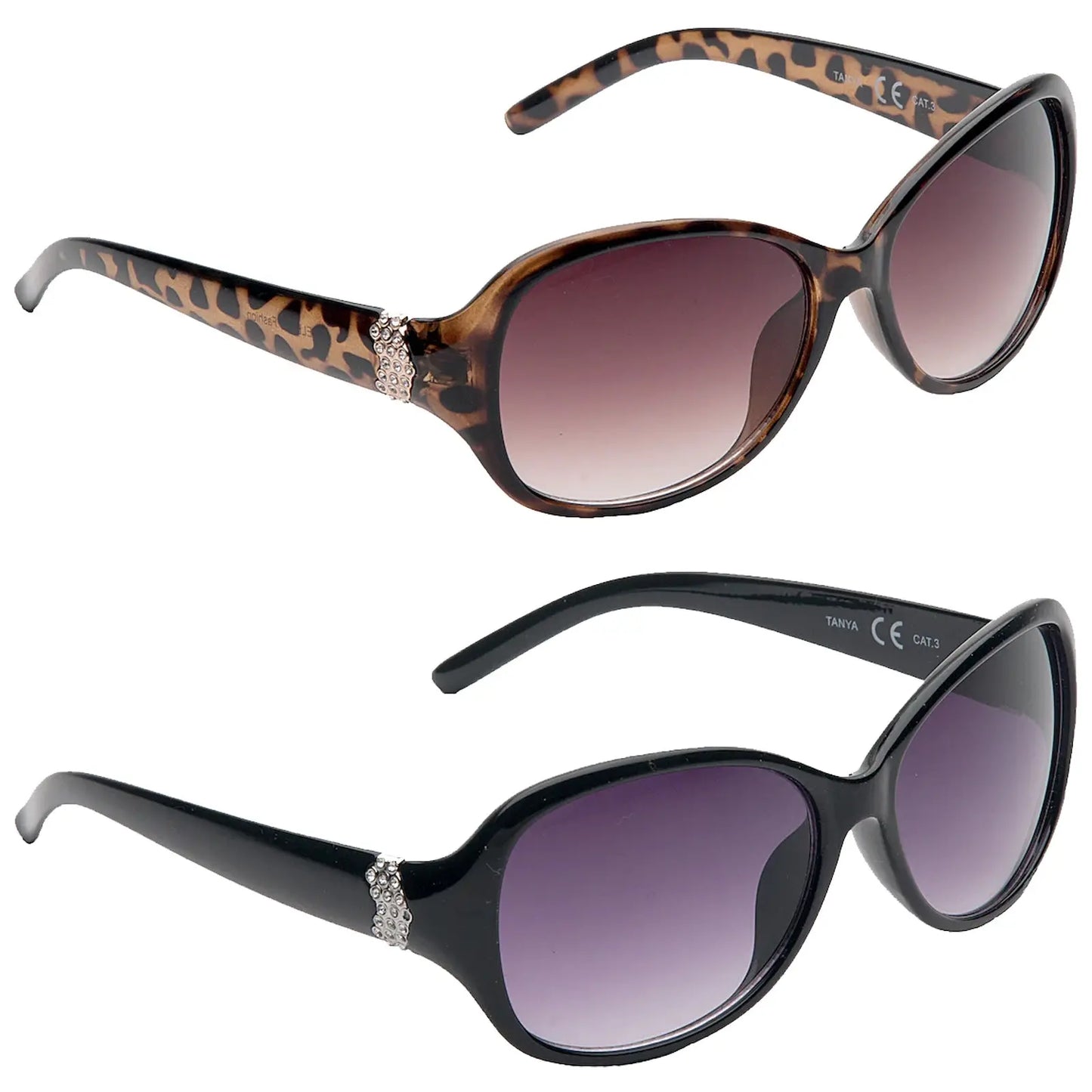 Two pairs of sunglasses are displayed side by side. The top pair features a leopard print design with a decorative embellishment. The bottom pair is sleek black with a gradient lens.