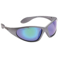 Sporty sunglasses with curved lenses reflecting a gradient of blue and green light rest on a plain background designed for outdoor activities and protection against bright sunlight.