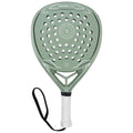 A green padel racket with a tear-shaped head features multiple perforations for ball control holds a textured grip and attached wrist strap designed for use in padel sports.