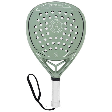 A green padel racket with a tear-shaped head features multiple perforations for ball control holds a textured grip and attached wrist strap designed for use in padel sports.