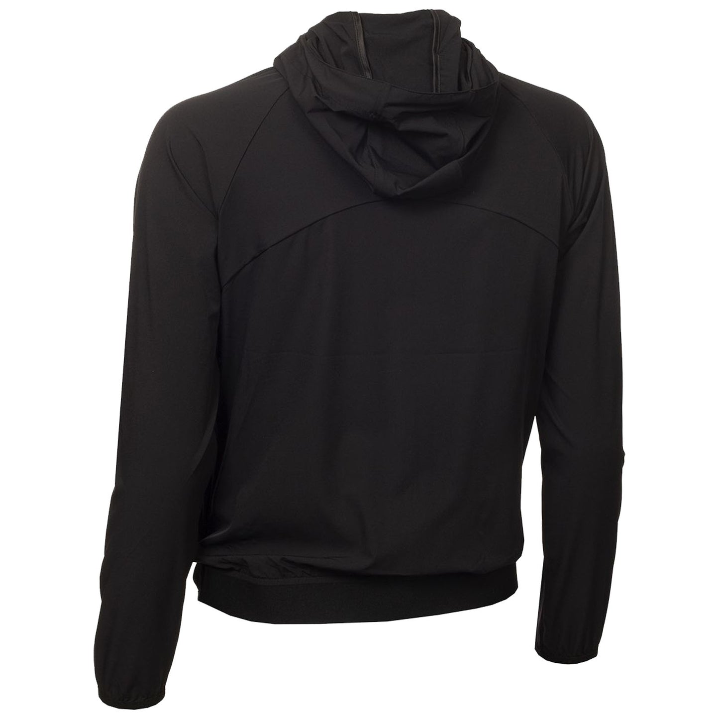 A black hooded jacket is displayed from the back with long sleeves and a fitted bottom hem highlighting its simple design and casual style suitable for various activities.
