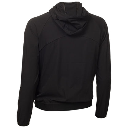A black hooded jacket is displayed from the back with long sleeves and a fitted bottom hem highlighting its simple design and casual style suitable for various activities.