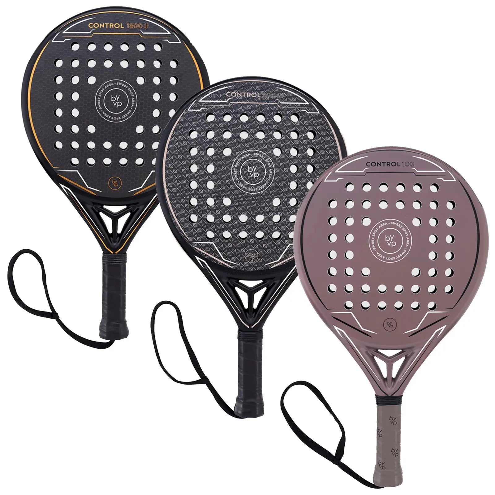 Three padel rackets are displayed side by side. Each racket has a distinctive design with different colors. They are designed for sport use and feature perforations for improved ball control and handling.